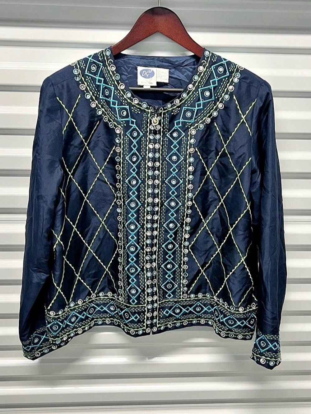 Diane Gilman DG Embroidered Geometric Jacket in Blue Size Large